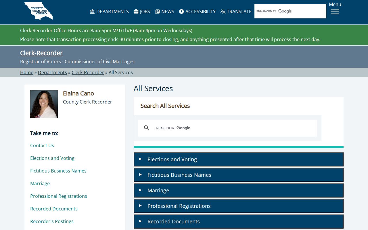 San Luis Obispo residents directory Clerk-Recorder service routes