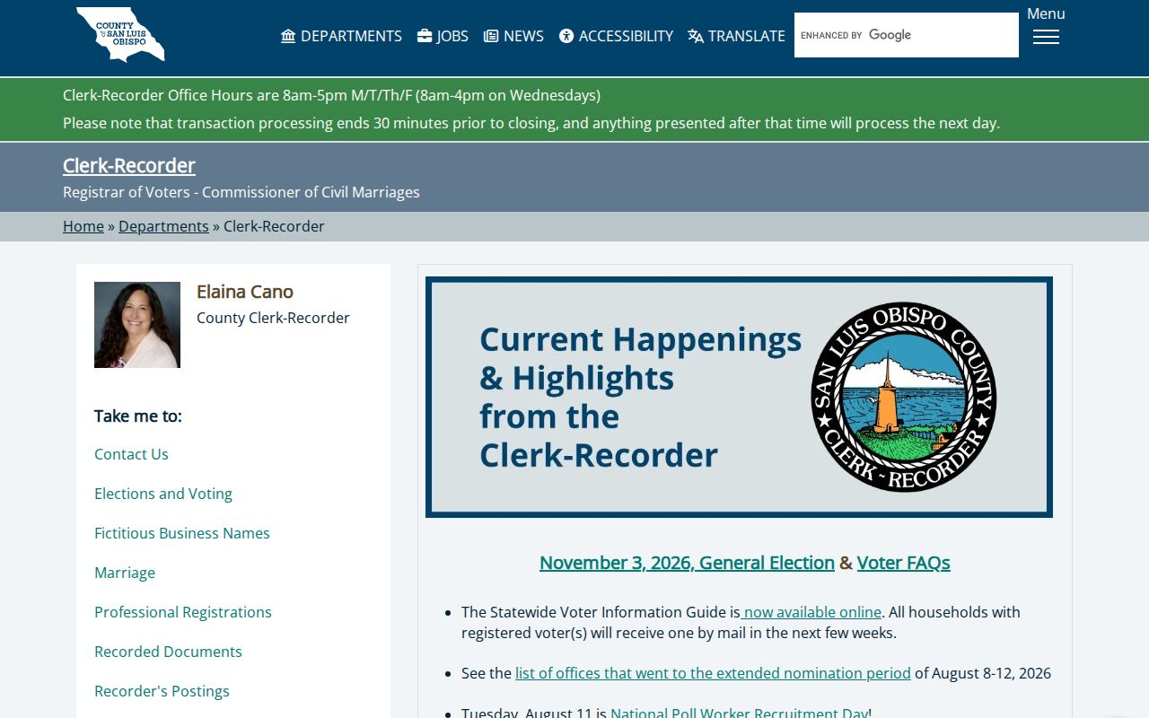 San Luis Obispo residents directory county Clerk-Recorder services