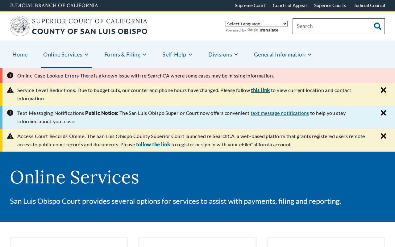 San Luis Obispo residents directory Superior Court online services