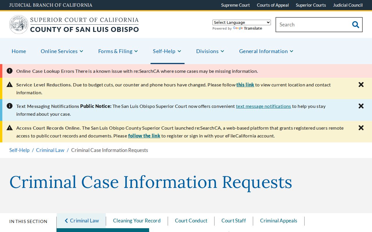 San Luis Obispo resident lookup criminal case request information