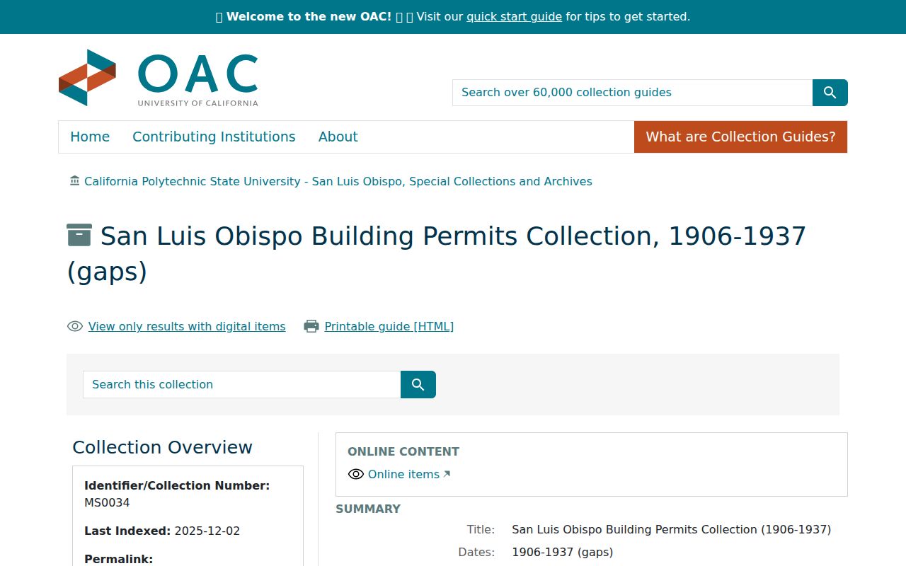 San Luis Obispo ZIP code directory historic building permit collection